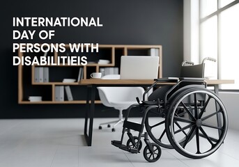 Fototapeta premium International day of persons with disabilities represented by a wheelchair in an office setting, symbolizing accessibility and inclusion in the workplace