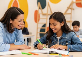 Teacher assisting a young student with her studies in a bright classroom setting.
