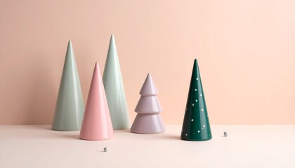 Minimalist pastel Christmas trees arranged on a soft peach background, evoking modern holiday elegance and serene festive charm.