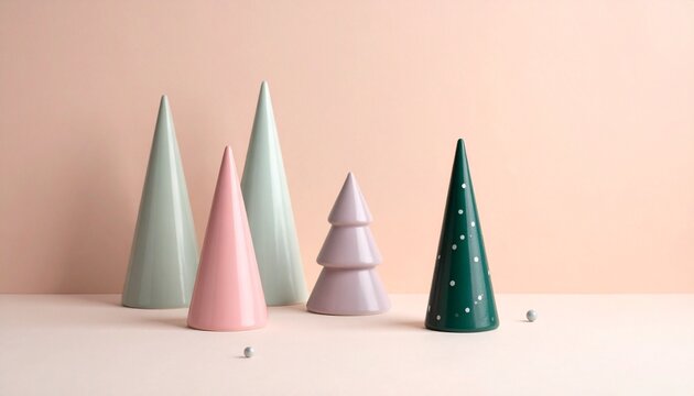 Minimalist pastel Christmas trees arranged on a soft peach background, evoking modern holiday elegance and serene festive charm.
