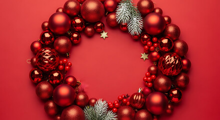 Elegant Christmas wreath made of shiny red baubles and festive berries on a monochromatic red background for holiday celebration