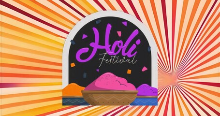 Featuring arch-shaped poster showcasing Holi Festival script in stripes with powder bowls confetti