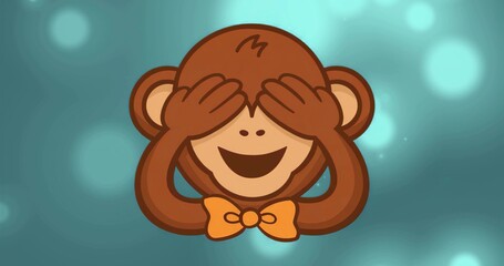 Hiding brown cartoon monkey covering eyes against teal backdrop with bokeh, wearing orange bow tie