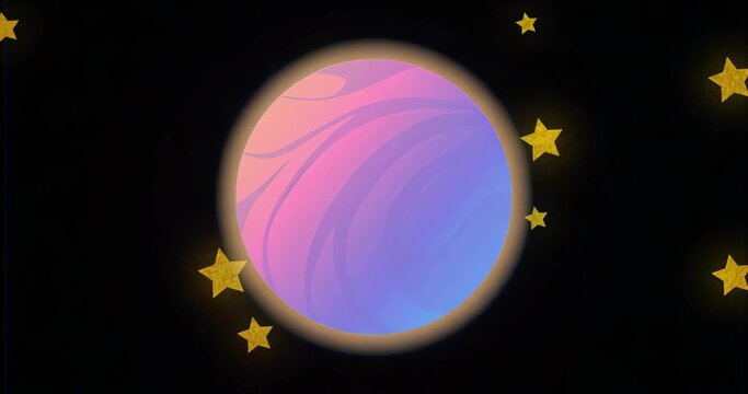 Naklejki Floating pastel gradient sphere swirling pink and blue in cosmic void, with glowing golden stars