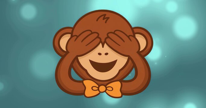 Hiding brown cartoon monkey covering eyes against teal backdrop with bokeh, wearing orange bow tie