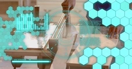 Guiding two hands moving track saw guide rail over wooden plank on workbench, with digital overlay