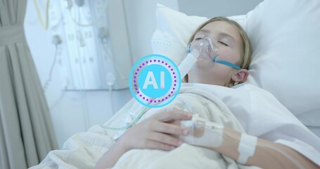 Resting pediatric patient wearing hospital gown and oxygen mask on bed in ward, with IV line