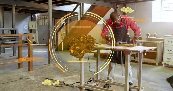 Measuring carpenter wearing apron marking wood panel at workbench with 3D brain HUD, copy space - Powered by Adobe