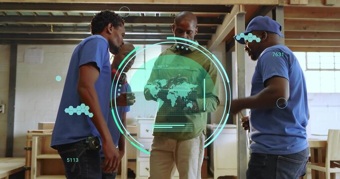 Interacting woodworker manipulating holographic map at woodworking shop, with tool belts - Powered by Adobe