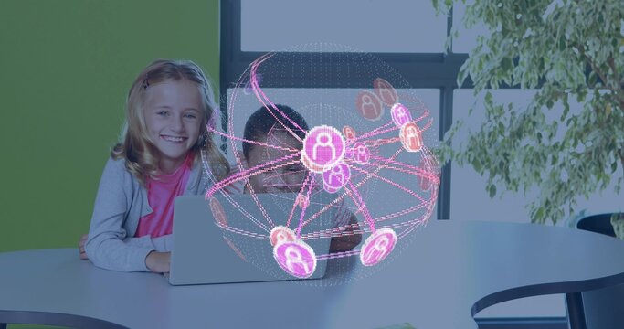 Using silver laptop father and daughters studying in study room, with holographic digital globe