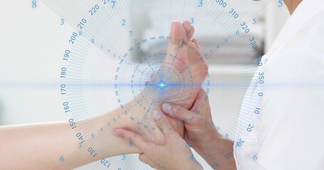 Clinician hands palpating patient foot in medical clinic, with blue holographic overlay