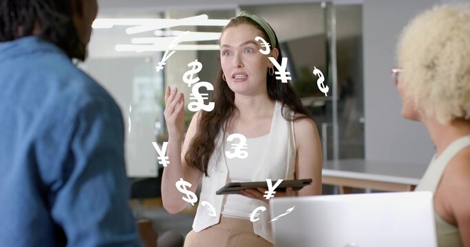 professional woman presenting finance plan in conference room, with tablet and glass board sketches