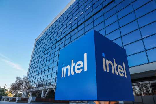 Intel sign in front of the Robert Noyce Building at Intel Corporation's headquarters campus in Santa Clara, California.