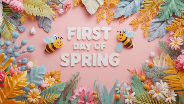 First day of spring text with cute bees and colorful flowers and leaves decoration