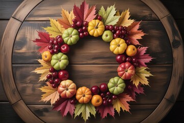 Festive autumn wreath with pumpkins, leaves, and berries on wooden background