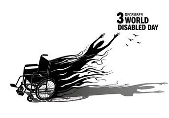 World disabled day concept, person emerging from wheelchair like a flame with birds flying in the sky, isolated on white background