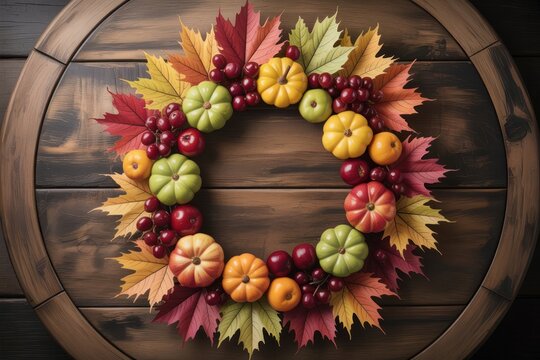 Festive autumn wreath with pumpkins, leaves, and berries on wooden background