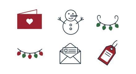 A charming collection of christmas icons, featuring a heartfelt card, cheerful snowman, festive lights, an inviting envelope, and a gift tag