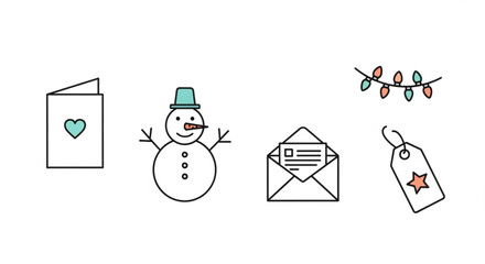 A delightful array of christmas icons, showcasing a heartfelt card, cheerful snowman, festive lights, an inviting envelope, and a star tag