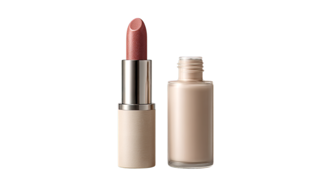 A sleek lipstick and foundation duo, showcasing a warm pink shade and a lightweight liquid formula, perfect for natural makeup looks on a transparent background. - Powered by Adobe