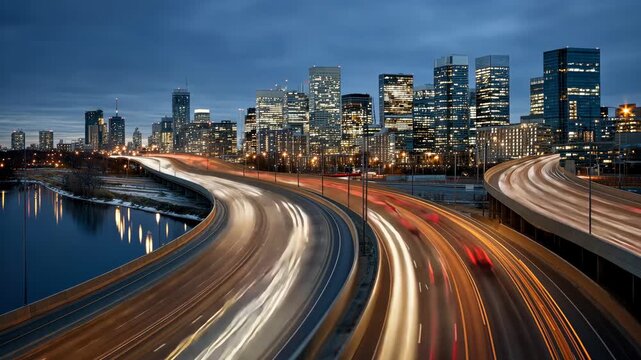 Evening lights illuminate city highways and skyline in a bustling urban landscape