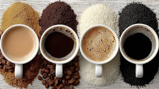 Four coffee cups in a row showcasing different roast levels from light brown to black on white wooden background. Ideal for menu design and product presentation.