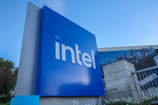 Intel sign in front of the Robert Noyce Building at Intel Corporation's headquarters campus in Santa Clara, California.