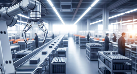 Naklejka premium Robotic Arm in a Modern Factory Assembly Line