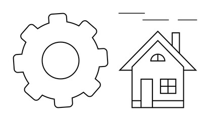 Gear and house outlines illustrating connection between technology and living spaces. Ideal for innovation, engineering, home automation, smart systems, process, housing, modern design. Simple flat