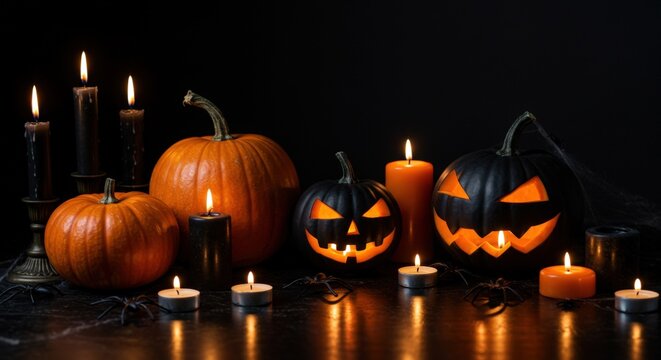 Spooky Halloween background with glowing jack-o'-lanterns and burning candles. Dark festive composition with orange pumpkins and spiders on black background with copy space