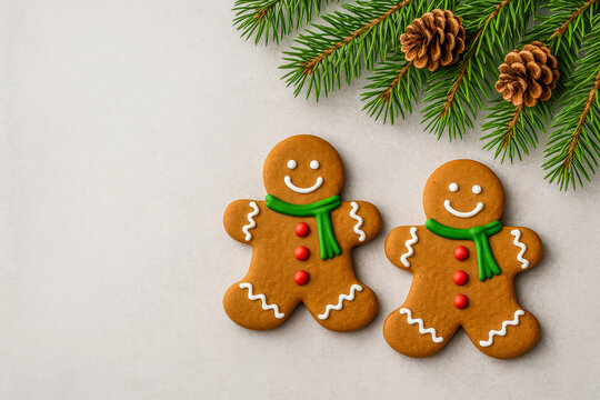 Festive flat-lay photo of two smiling gingerbread men cookies decorated with green scarves and red buttons, placed beside evergreen branches and pinecones on a light background.  - Powered by Adobe