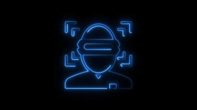 Neon outline of a person wearing a V R headset with tracking markers surrounding the head and body glowing blue on a black background representing virtual reality augmented reality digital identity