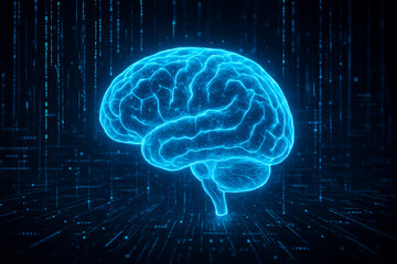 Glowing holographic brain with digital data streams, futuristic artificial intelligence concept