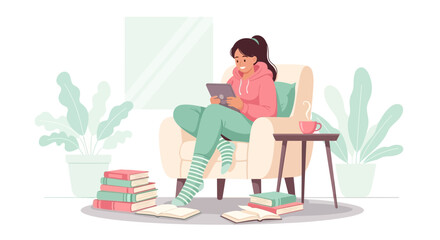 Relaxing With Tablet While Reading, Indoor Cozy Scene Depicts Joyful Leisure Time