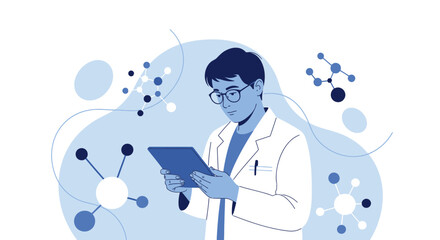 Scientist Analyzing Data on Tablet Depicting Molecular Structures In Digital Form