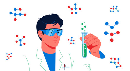 Scientist Conducting Laboratory Experiment with Chemical Compounds and Molecular Structures