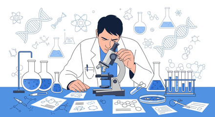 Scientist Conducting Laboratory Research Using Microscope With Scientific and Bio Objects Displayed