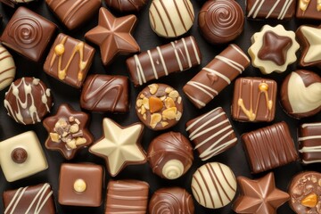 Obraz premium Delicious chocolate candies assortment with different shapes and decorations