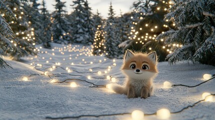 Obraz premium Cute fox sitting on a snowy path surrounded by glowing lights in a winter forest at dusk