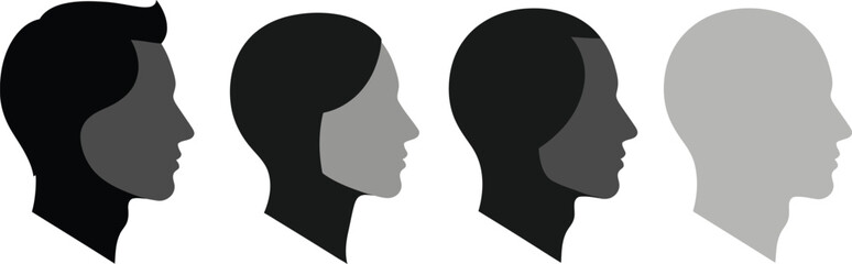 Male and female side profile avatars, human head silhouettes, minimal vector icons, diverse face shapes, grey and black variations, isolated