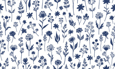 Seamless navy wildflower pattern, hand‑drawn botanical silhouettes, minimal vector background for fabric, wallpaper, wrapping paper, Scandinavian folk floral design