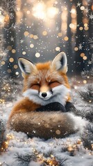 Obraz premium Close-up of a happy fox resting in a snowy forest setting during winter with snowfall and warm light creating a cozy atmosphere