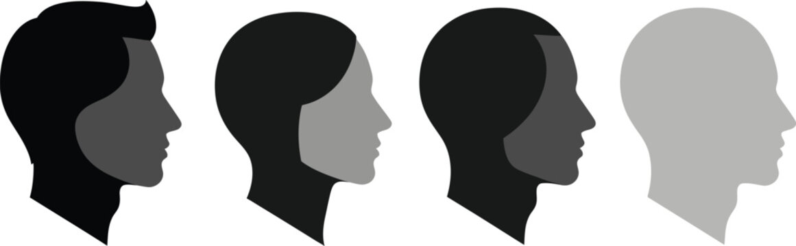 Male and female side profile avatars, human head silhouettes, minimal vector icons, diverse face shapes, grey and black variations, isolated