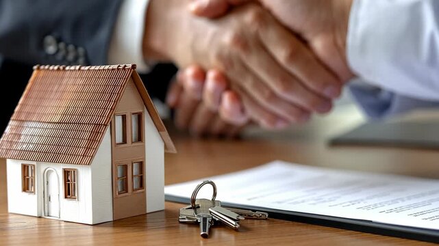 Negotiating a home purchase agreement in a real estate meeting with a house model and keys on the table