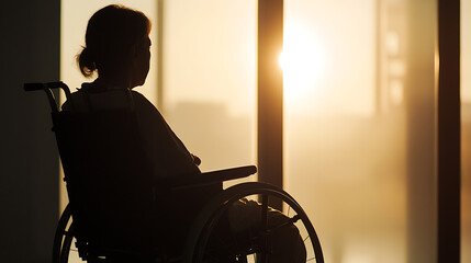 Silhouette of a woman in a wheelchair looks out a bright window, evoking themes of contemplation, hope, and resilience. The light adds warmth, emphasizing peace.