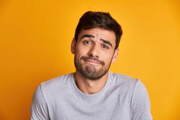 Obraz premium Young man with a playful expression against a vibrant yellow background