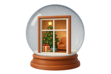 Snow globe with a cozy room scene, displaying a christmas tree, gifts, and armchair, winter holiday season concept