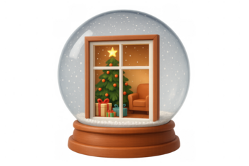 Snow globe with a cozy room scene, displaying a christmas tree, gifts, and armchair, winter holiday season concept