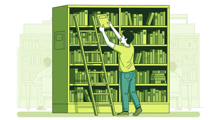 Seeking Knowledge: A Person Retrieving a Book from Library Shelves' Highest Section