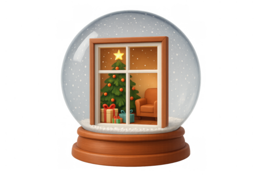 Snow globe with a cozy room scene, displaying a christmas tree, gifts, and armchair, winter holiday season concept